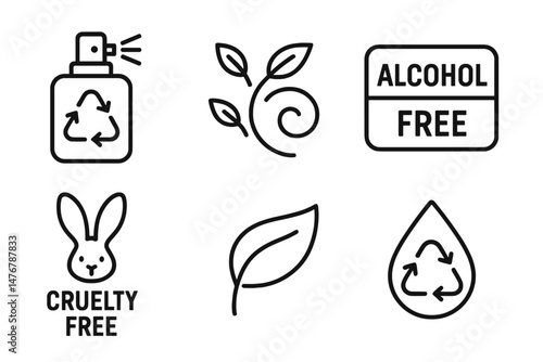 Icons for eco-friendly perfume are represented by symbols including spritz, wave, badge, bunny, leaf, and droplet