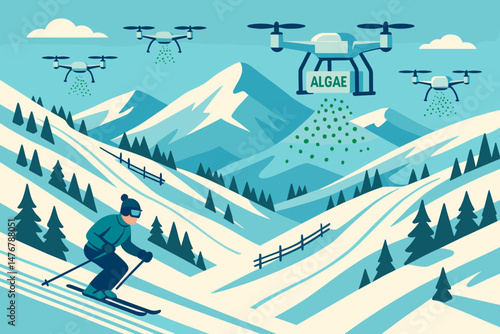 The winter-tech scene is depicted as flat, complete with drones, algae mist, and ski runs