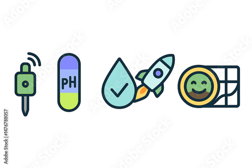 Icons for a smart garden display various symbols including a stick, bar, droplet, rocket, badge, and curve