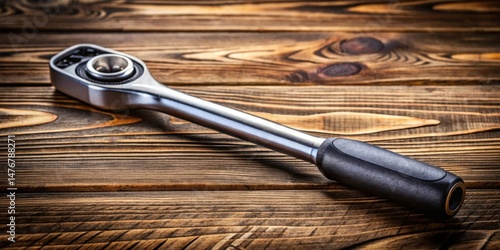 A metallic hand tool with a comfortable ergonomic grip rests on a rustic wooden surface.
