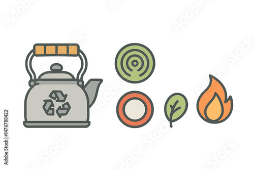 Icons for camping and eco activities include a kettle, handle, badge, and ring symbol