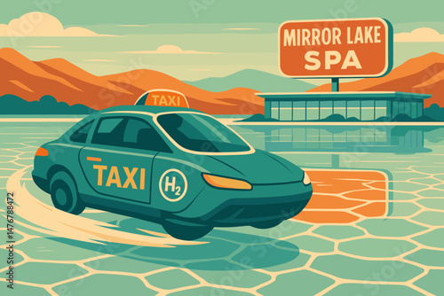 The future of mobility is envisioned as a flat landscape featuring hydrogen-powered vehicles, saltwater reflections, and geodesic spa domes
