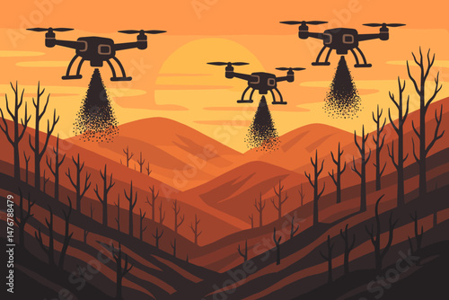 The climate-tech landscape is flat, featuring clouds of drones, charcoal dust, and a reddened sky