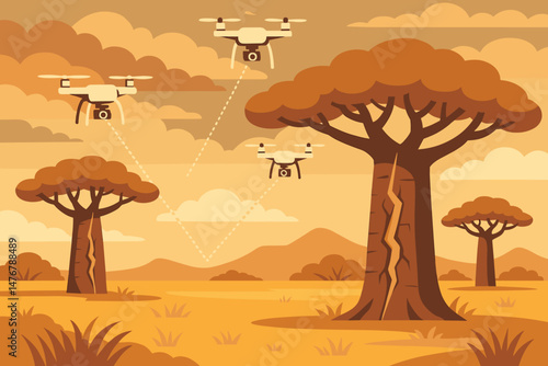 The scene features a flat landscape with drones flying overhead, baobabs scattered about, and a cloudy sky above
