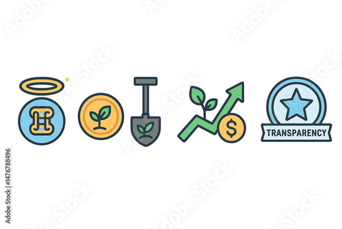 Icons representing finance and ecology include a halo, coin, spade, arrow, and badge