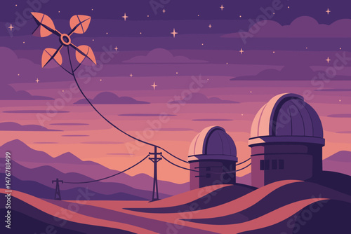 A nighttime scene featuring a kite cable, telescope domes, and a desert sky with a purple hue
