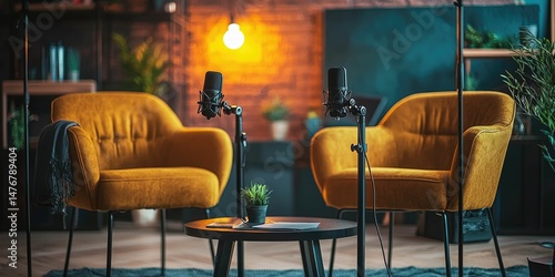 Two chairs and microphones set up in a podcast room for an interview