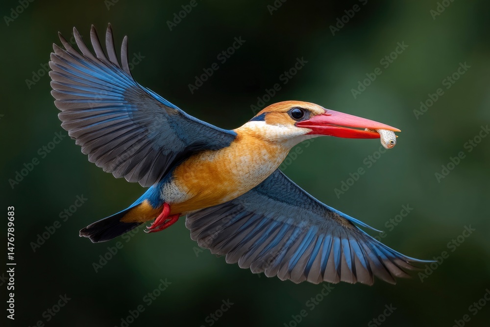 Obraz premium Stork-billed Kingfisher in Flight: A Vibrant, Detailed Capture