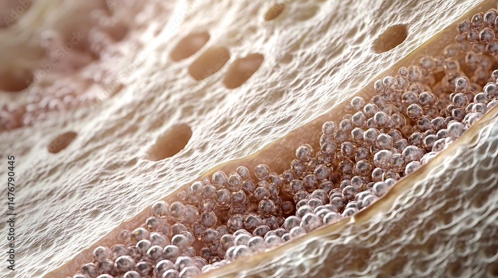 Obraz premium Highly detailed microscopic image of skin pores and epidermal cell regeneration showcasing intricate dermal textures natural oil secretion and layered cellular renewal 