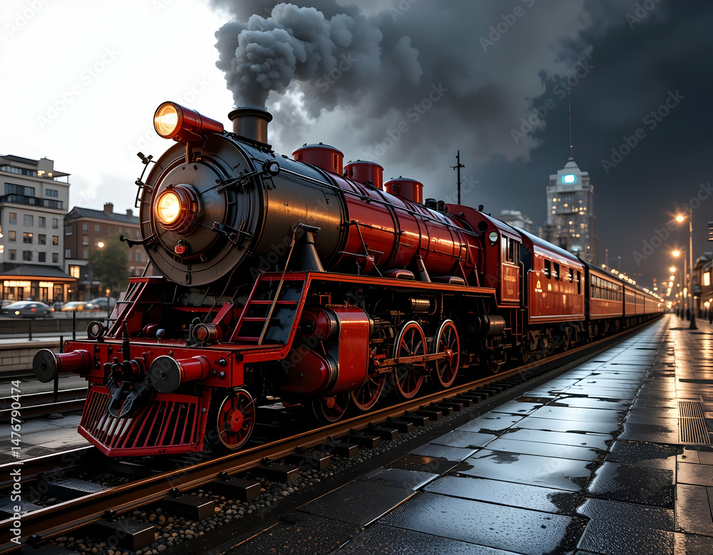 Fototapeta premium Vintage Steam Train at Station with Smoke and Wet Platform