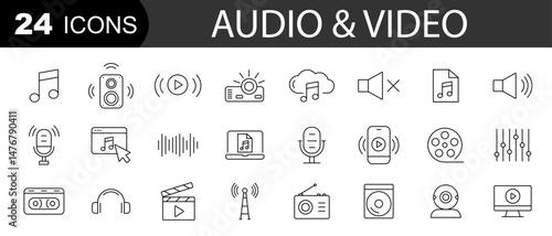 Audio and Video web icons. Cinema, play button, voice, radio, music. Editable stroke. Vector illustration