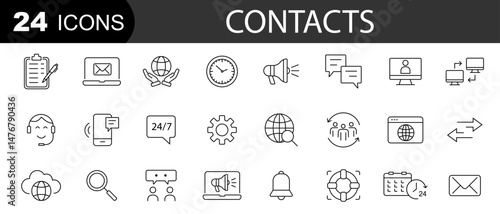 Contact thin line icons set. Contact icon.  Support, message, phone, globe, point, chat, call. Editable stroke. Vector illustration