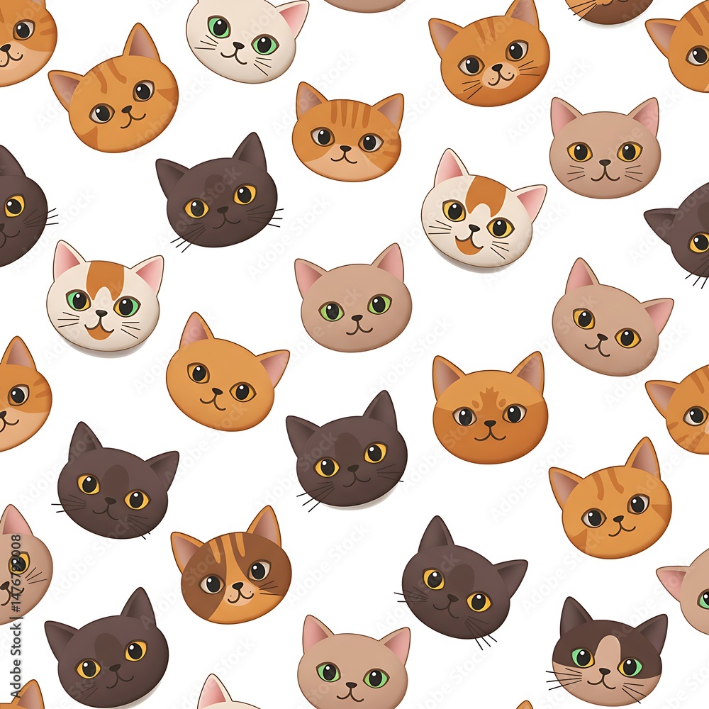 Obraz premium Cute Cat Faces Seamless Pattern, Cartoon Kittens