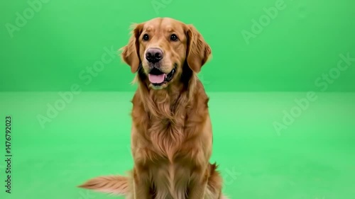 Golden Retriever Dog Sitting on Green Screen Background