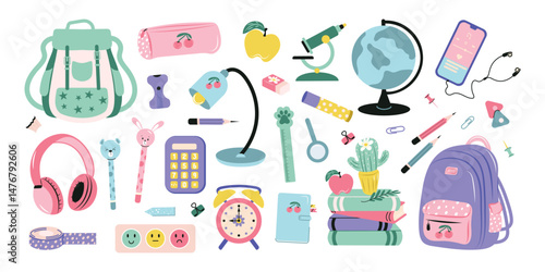 A modern, flat, hand-drawn set of school supplies, books, headphones and a phone on a white background. Vector design.