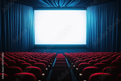 Empty movie theater with red seats, blue curtains, and a bright screen