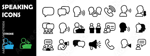 Speaking Icon Set Vector – Communication, Dialogue, and Presentation Symbols for Business and Education