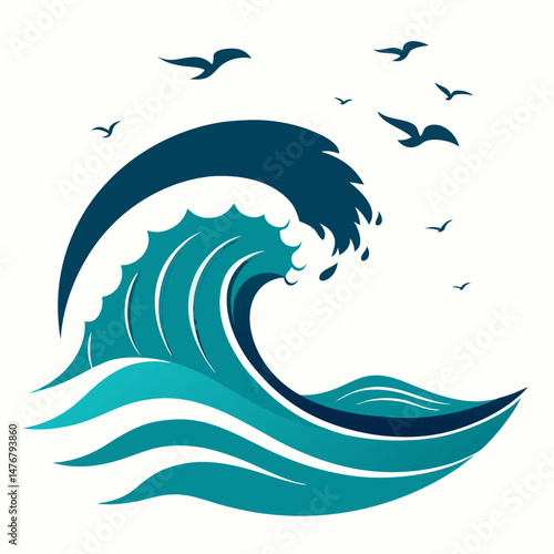 Vector illustration of a blue ocean with waves pattern design featuring a whale and dolphin silhouette
