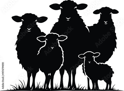 Rustic Farm Animal Silhouette Featuring a Group of Five Sheep Grazing on Grass, Capturing the Charm of Rural Life and Agricultural Traditions