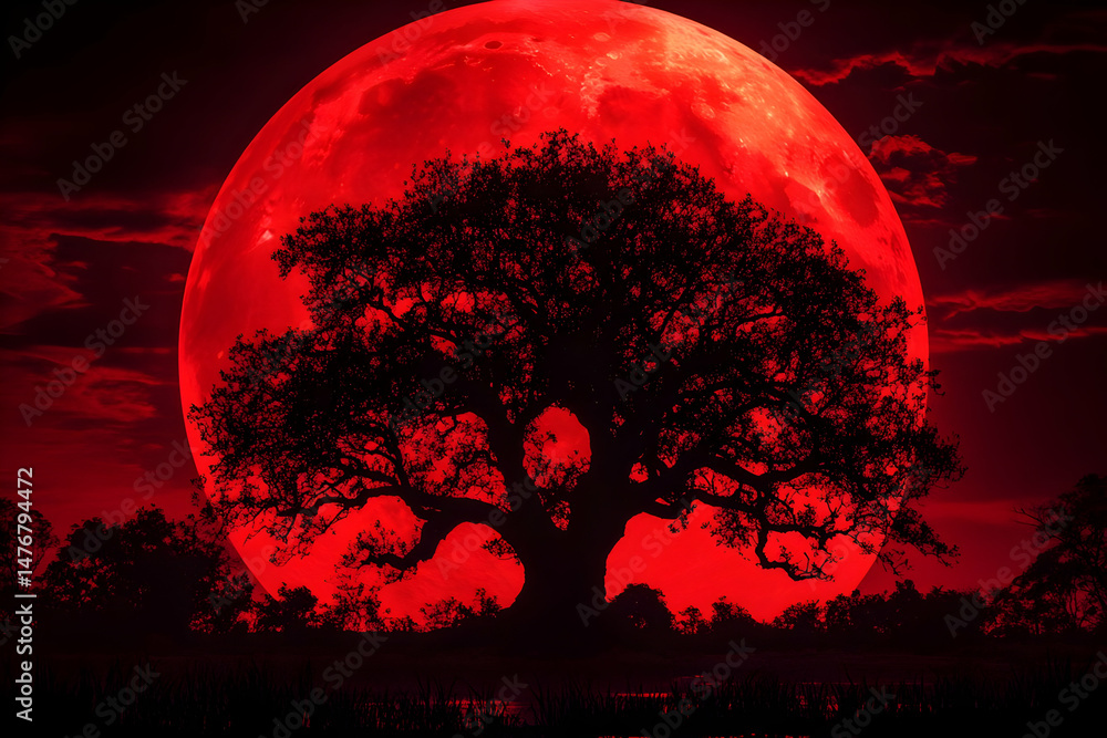 Red moon and silhouette tree Red moon and silhouette tree