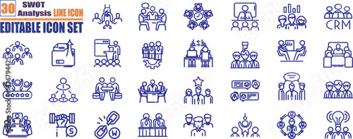 SWOT Analysis Icon Collection Sheet.   Containing strength, weakness, opportunities, threat, internal external factor, competitive advantage, market position icon.