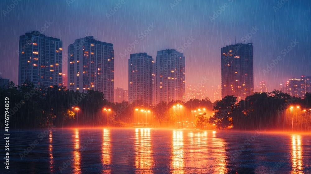 Fototapeta premium City skyline at dusk, rain, urban park, reflection