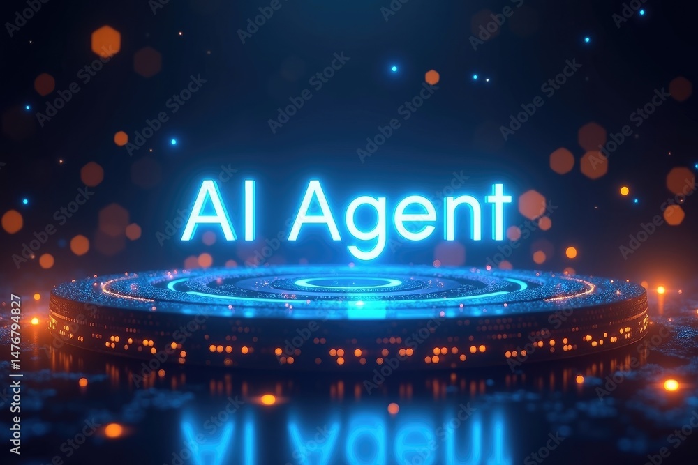 AI Agent Text on Glowing Platform with Digital Particles