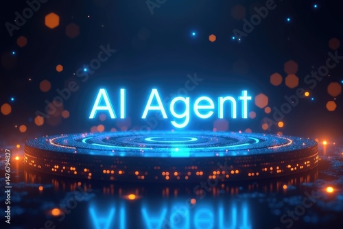 AI Agent Text on Glowing Platform with Digital Particles