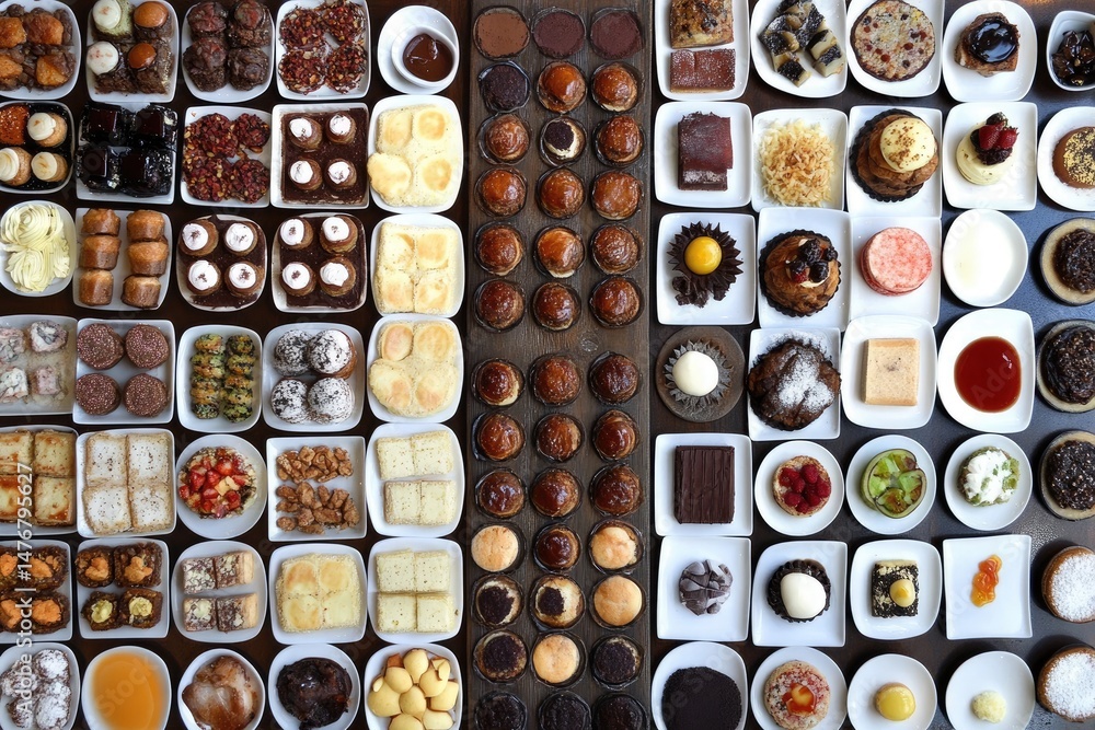 An expansive array of delectable pastries, cakes, and sweets, meticulously arranged An expansive array of delectable pastries, cakes, and sweets, meticulously arranged