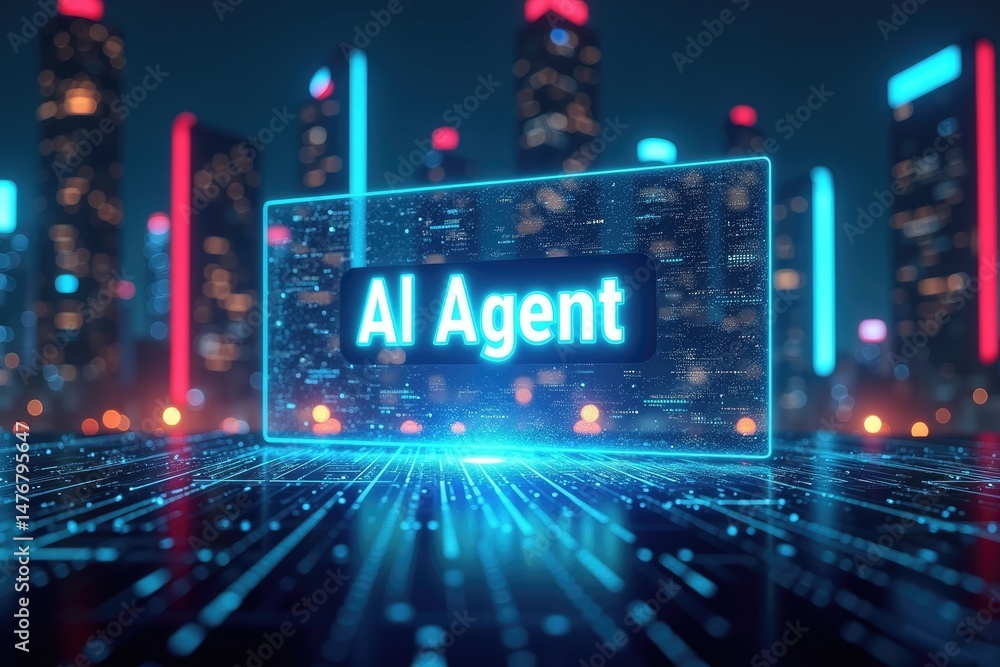 Neon Cyberpunk City with AI Agent Holographic Screen