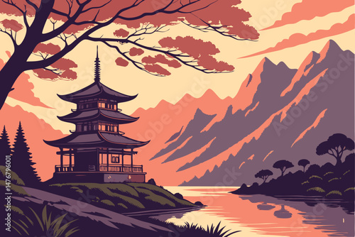 70 fantasy landscape, beautiful scenic view, pagoda on lake, mountains in background, dramatic sunset sky, reflections in water, atmospheric mood, intricate architecture, traditional japanese style, d