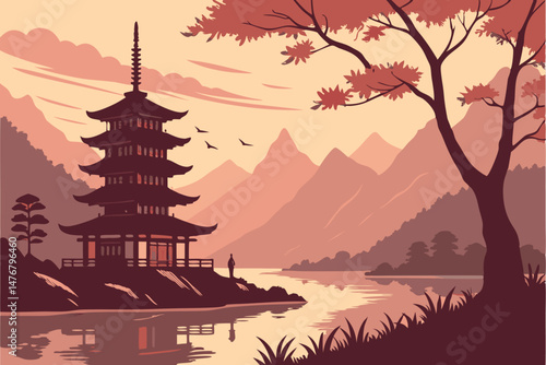 70 fantasy landscape, beautiful scenic view, pagoda on lake, mountains in background, dramatic sunset sky, reflections in water, atmospheric mood, intricate architecture, traditional japanese style, d