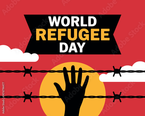 World Refugee Day design showing a hand reaching for hope past a wire
