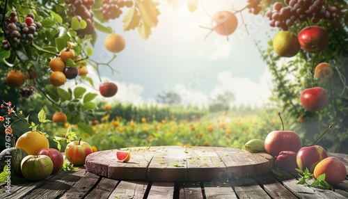 Fototapeta Naklejka Na Ścianę i Meble -   Farm wood nature field fruit table product grass garden background stand green food