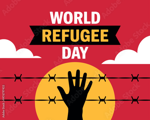 World Refugee Day design showing a hand reaching for hope past a wire