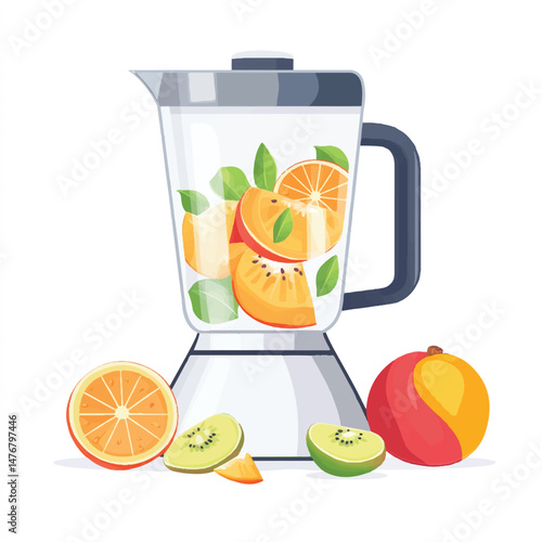 a blender with fruit  pieces around it