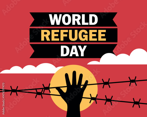 World Refugee Day design showing a hand reaching for hope past a wire