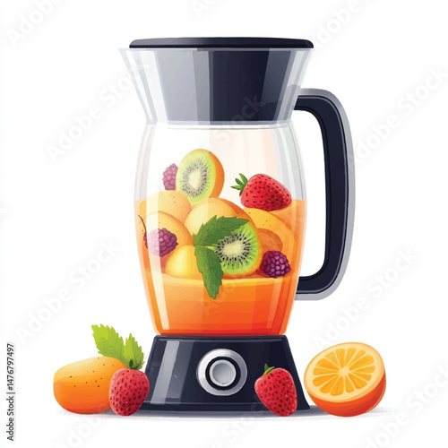 a blender with fruit  pieces around it
