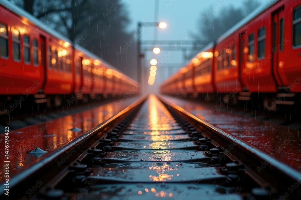 Naklejka premium Red Trains on Wet Platform with Reflection and Low-Angle View