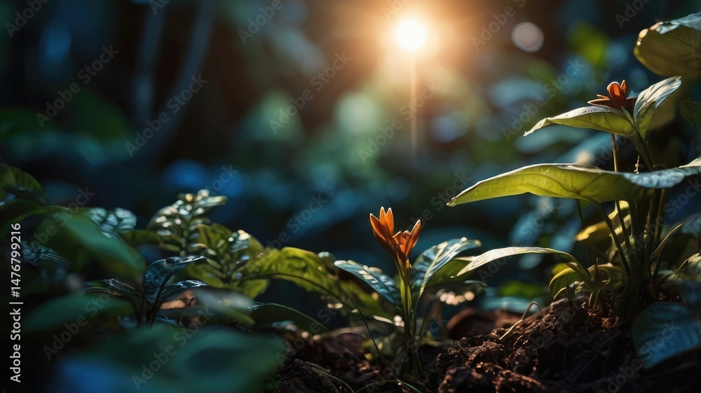 Morning Light in Jungle Garden Under Dark Blue and Brown Sky