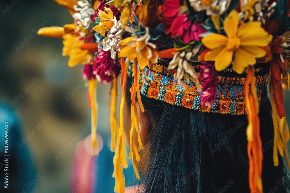 Fototapeta premium Cultural Headpiece with Flowers and Intricate Beadwork on Dark Hair