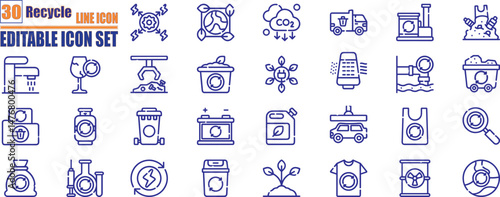 Set of recycling related line icons. environment, ecology, green energy, zero waste, CO2 neutral, air, water quality, nature and more. Editable stroke. Vector illustration. 