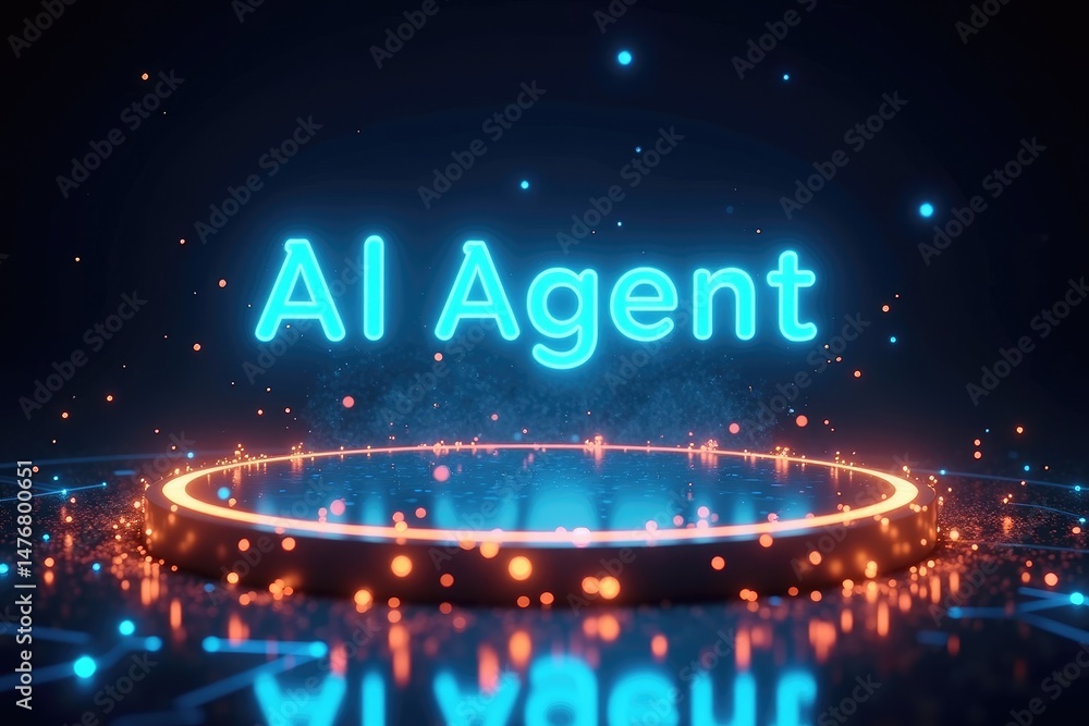 AI Agent Text Floating Above Glowing Platform with Neon Particles