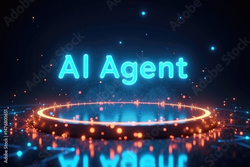 Obraz na płótnie AI Agent Text Floating Above Glowing Platform with Neon Particles w salonie