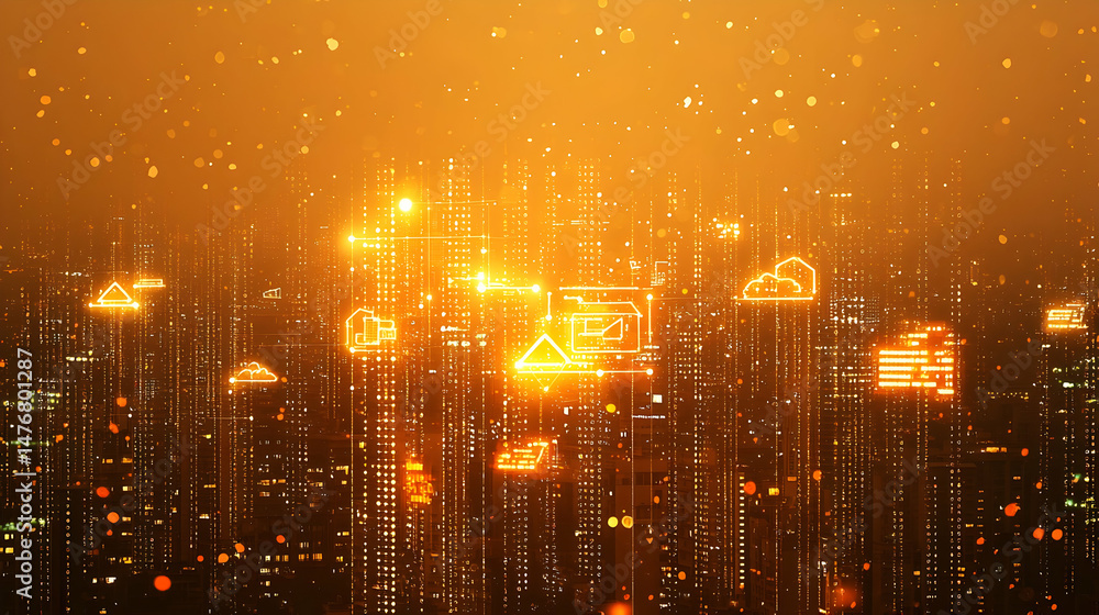 Obraz premium Golden Cityscape of Digital Innovation and Technology