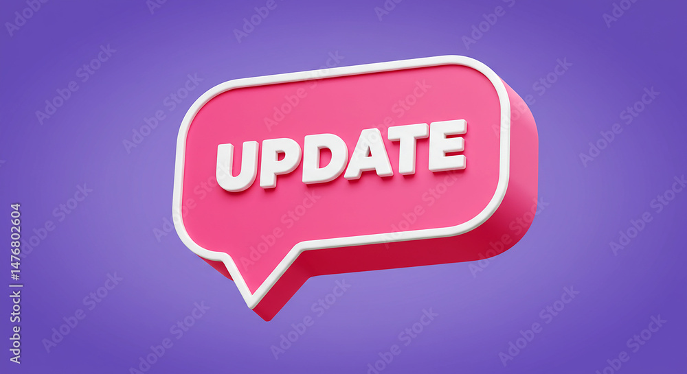 3D rendering of a pink speech bubble with the word update in white letters on a purple background. Symbolizes notifications and software updates. 3D rendering of a pink speech bubble with the word update in white letters on a purple background. Symbolizes notifications and software updates.