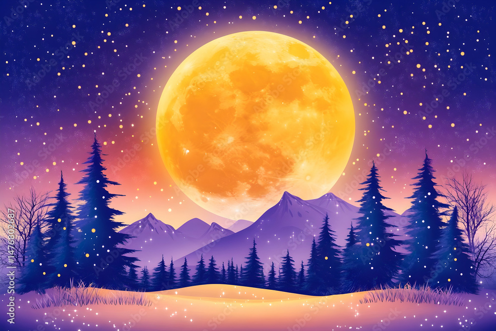 Naklejka premium Enchanted Winter Night: Giant Moon Over Snowy Mountains