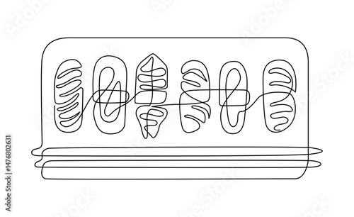 Sushi platter with chopsticks line drawing. Hand-drawn asian food line art. Hand drawn vector illustration with editable stroke. Isolated on transparent background.