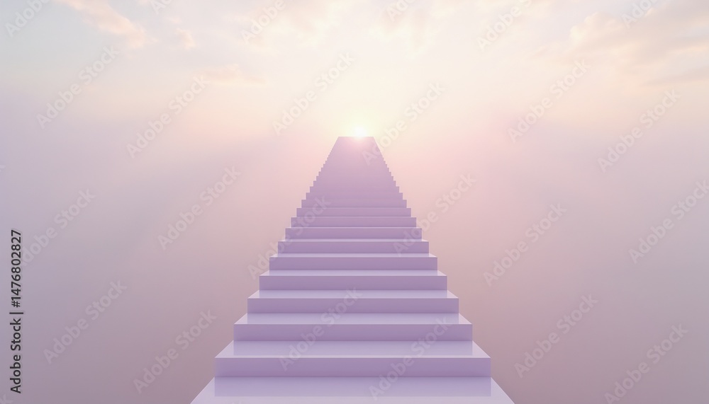 Fototapeta premium Surreal staircase ascending into a pastel-hued sky with radiant light at the top, evoking tranquility