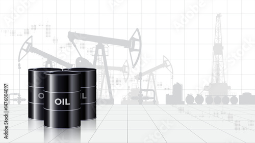 Chart of falling oil prices per barrel. Crude oil barrels on map background. Analysis fall of global energy markets. Influence of economic insiders. World market review. Investment strategies. Vector